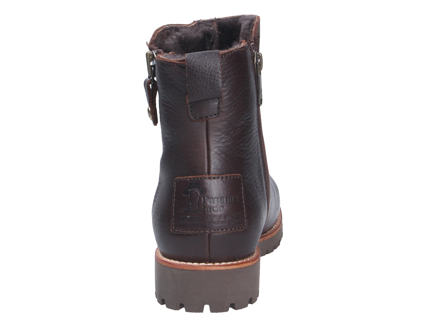 Rückansicht der Panama Jack Fiore Stiefelette aus braunem Leder mit Reißverschluss, Lasche und profilierter Sohle