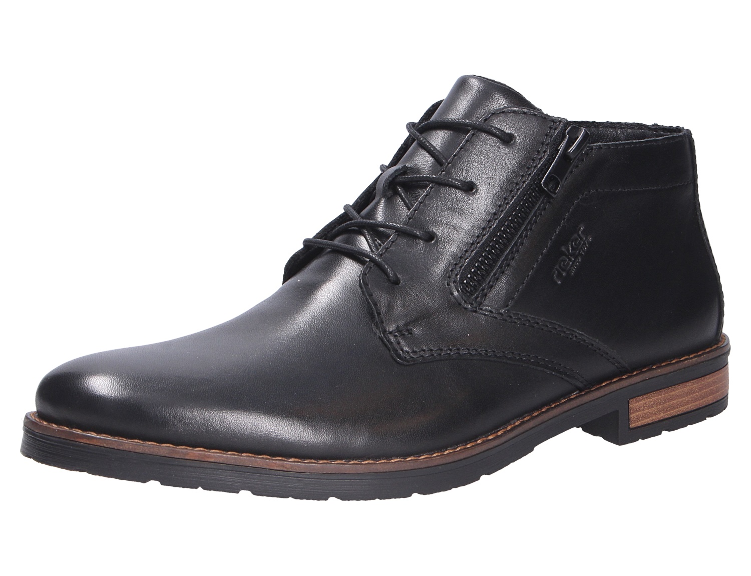 Rieker Herren Stiefel, schwarzer knöchelhoher Lederlook-Stiefel mit Schnürung, seitlichem Reißverschluss und braun abgesetzter Sohle