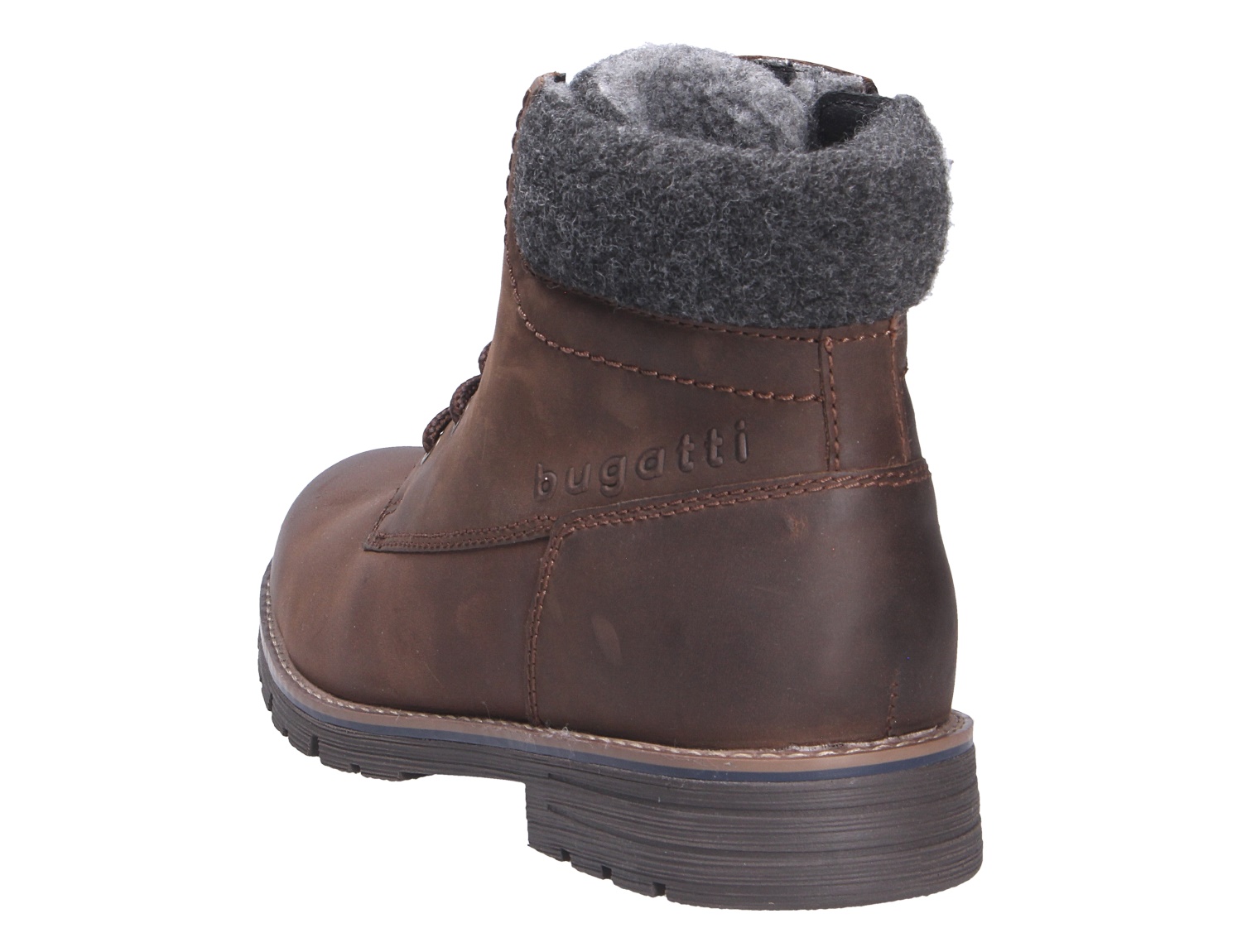 bugatti Herren Stiefel in Braun mit grauem Schaftrand, Profilsohle und Logo-Prägung in Rück- und Seitenansicht