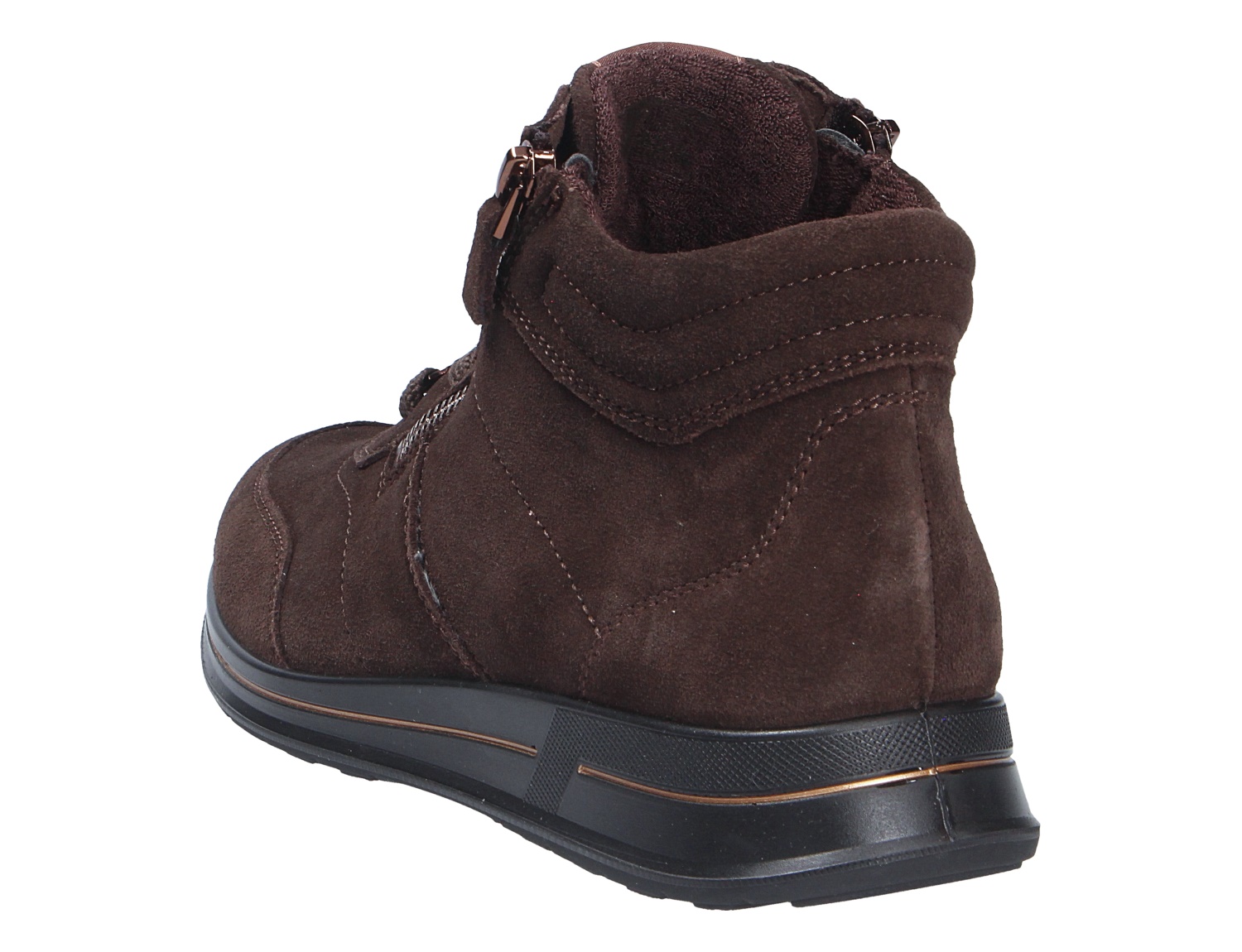 Rückansicht des Ara OSAKA Damen-Sneakerboots aus braunem Veloursleder mit Reißverschluss und schwarzer Sohle