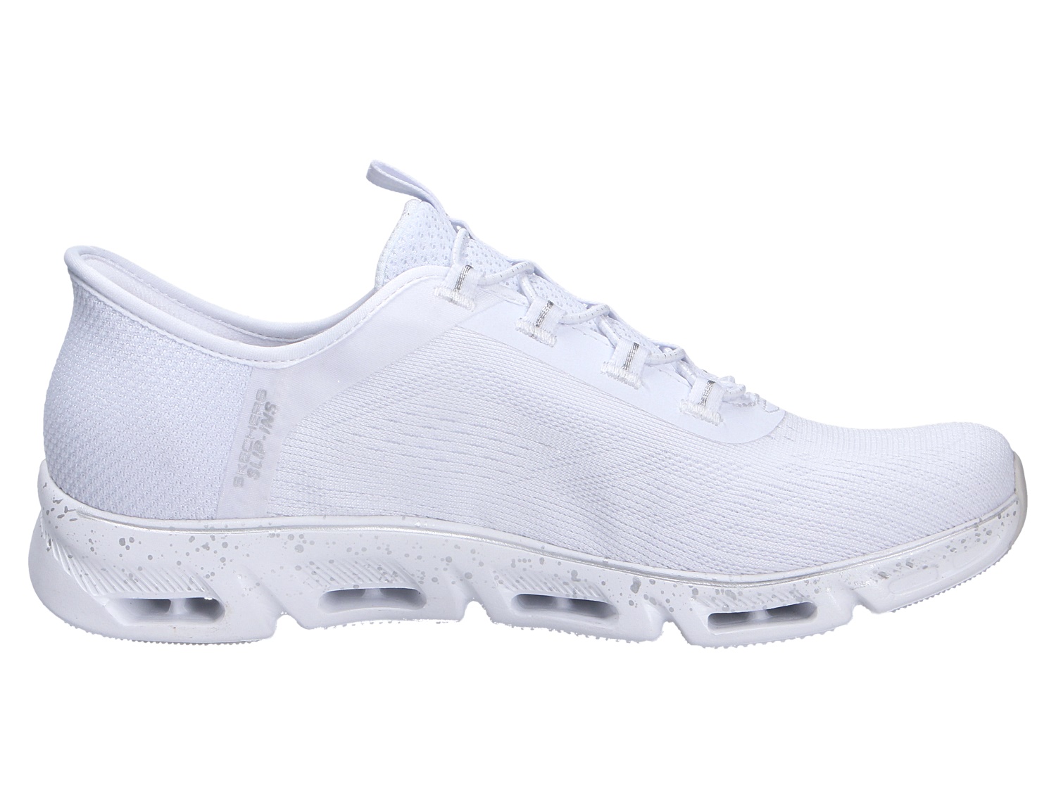 Skechers Glide Step Sneaker in Weiß, seitliche Ansicht mit atmungsaktivem Mesh-Obermaterial und markanter, gepolsterter Laufsohle