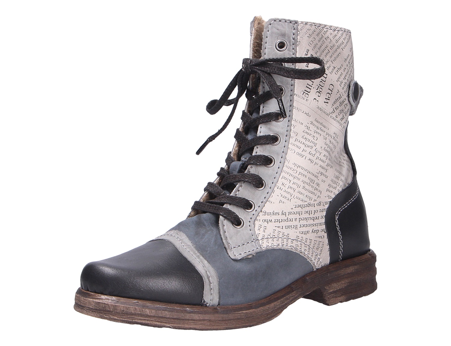 Charme Etnic 26 Damen-Schnürstiefelette in Grau und Schwarz mit dekorativem Zeitungsprint, seitlichem Knopfdetail und robuster Sohle
