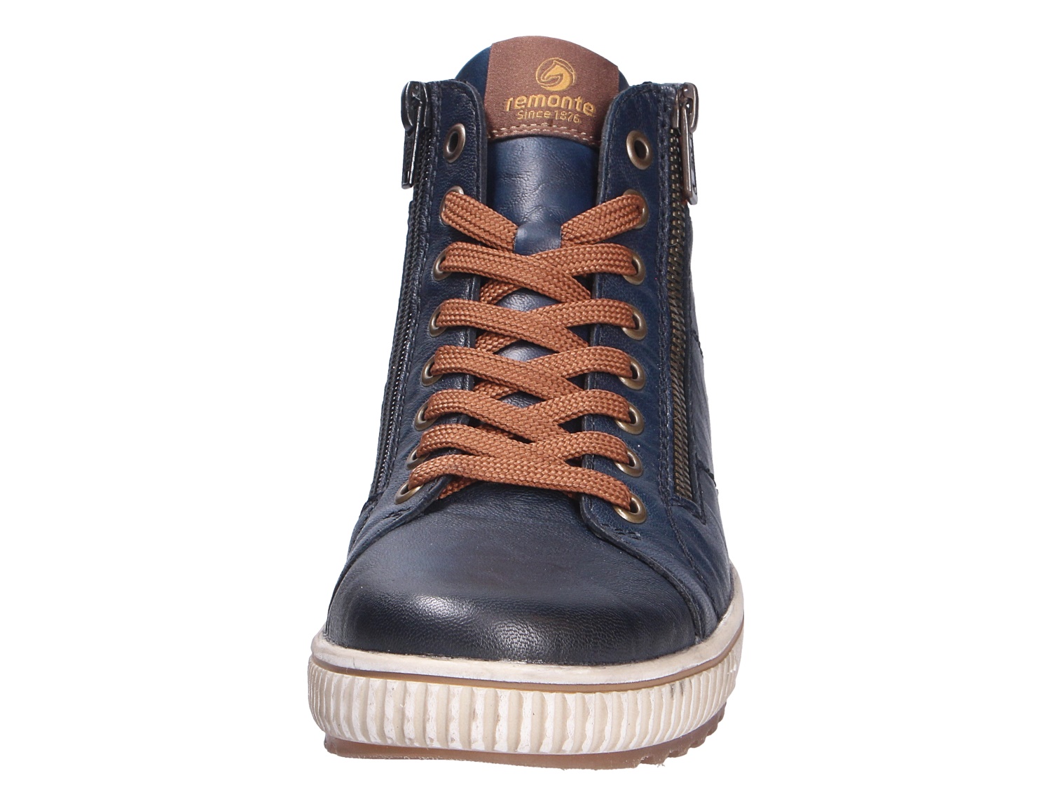 Remonte Damen Stiefel in Dunkelblau, Frontansicht eines knöchelhohen Boots mit brauner Schnürung, seitlichen Reißverschlüssen und heller Sohle
