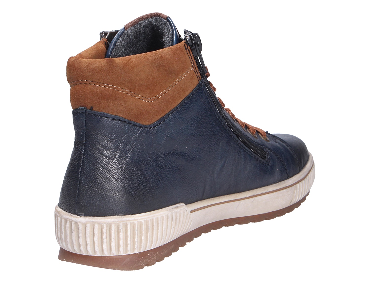 Remonte Damen Stiefel aus dunkelblauem Leder mit braunem Schaftrand, seitlichem Reißverschluss, Schnürung und heller Gummisohle in Rückansicht
