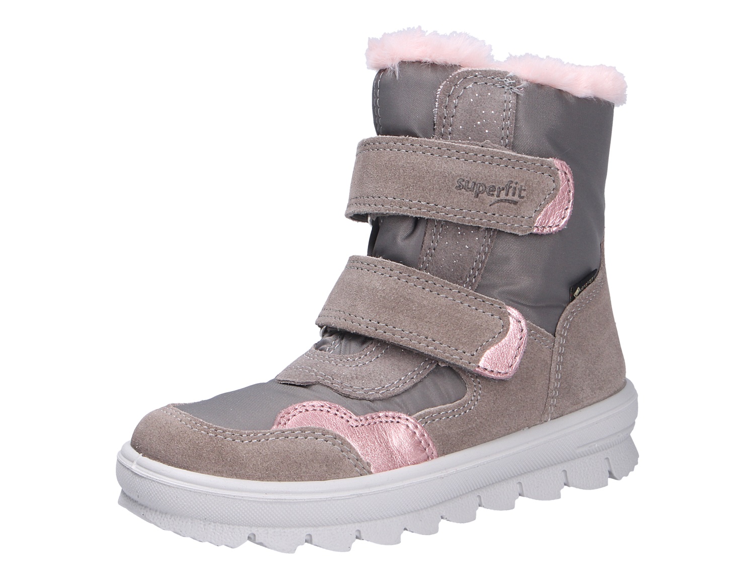 Superfit FLAVIA Winterstiefel für Kinder in Taupe mit zwei Klettverschlüssen, rosa Metallic-Details, warmem Futter und griffiger Sohle