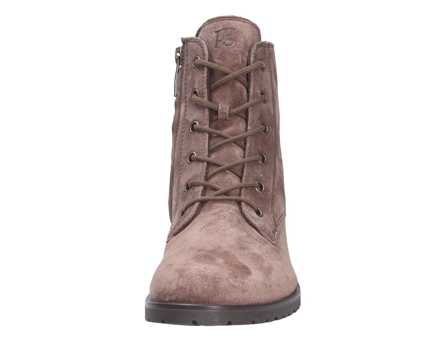 Frontansicht der Paul Green Damen Stiefel aus taupefarbenem Veloursleder mit Schnürung, seitlichem Reißverschluss und profilierter Sohle