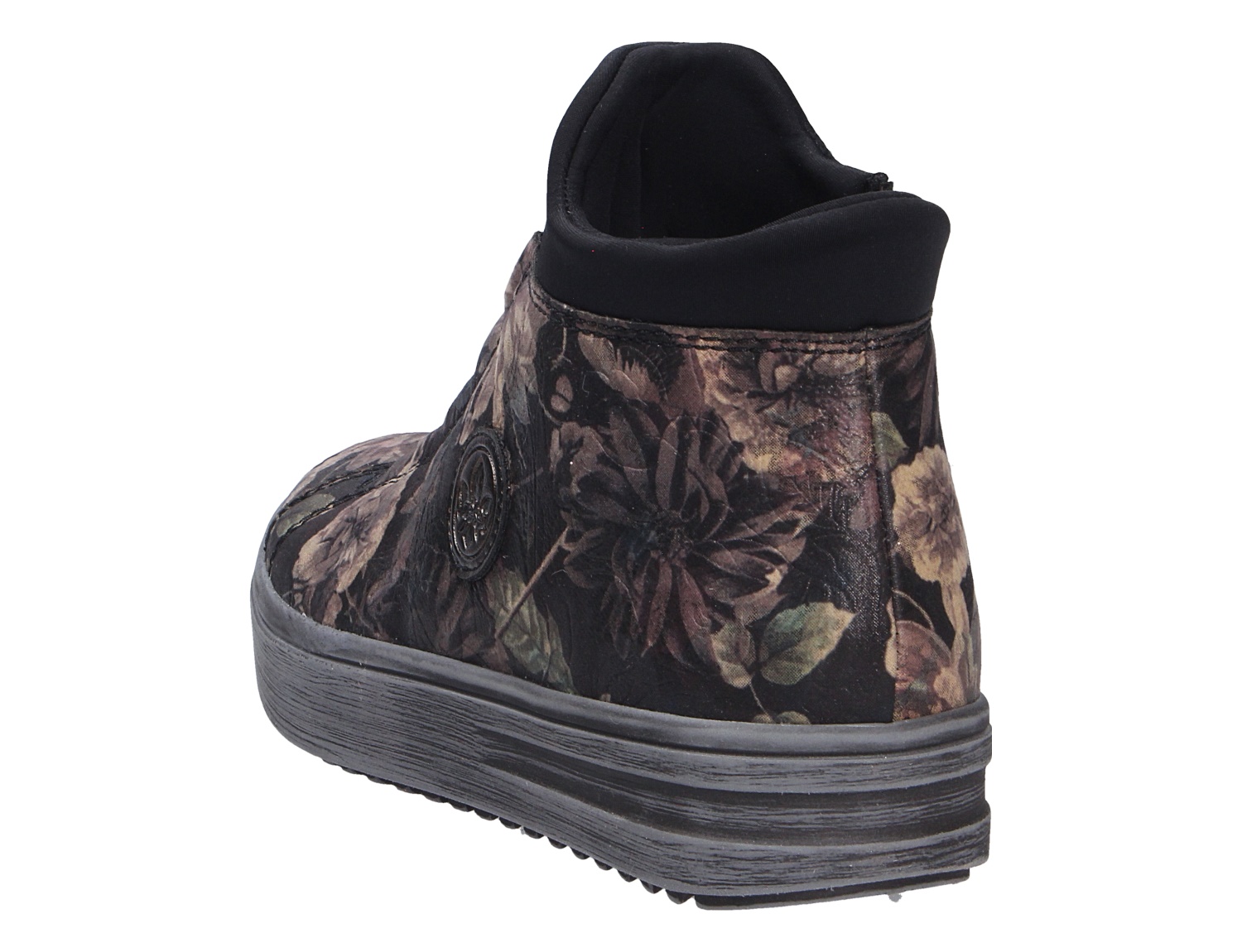 Rieker Damen Stiefel in dunklem Floralmuster mit schwarzem Schaftrand und Keilsohle, Rückansicht