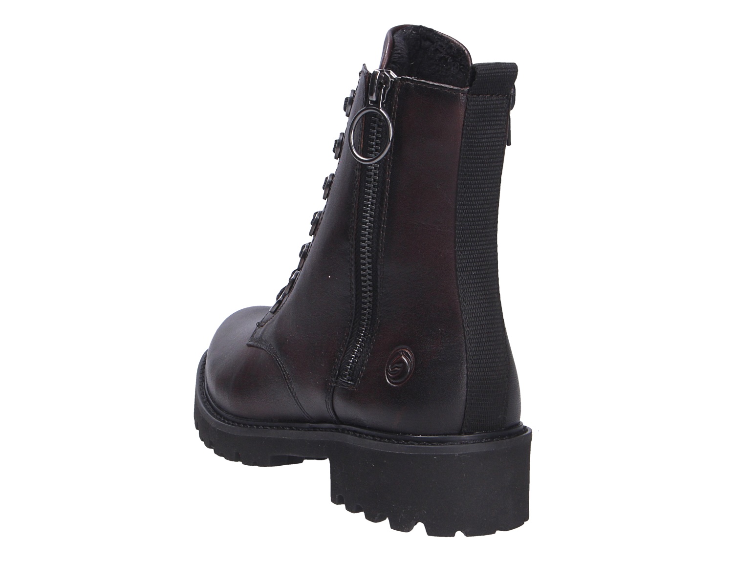 Remonte Damen Stiefel in Dunkelbraun aus glattem Leder, Seitenansicht mit Reißverschluss, Schnürung und schwarzer Profilsohle