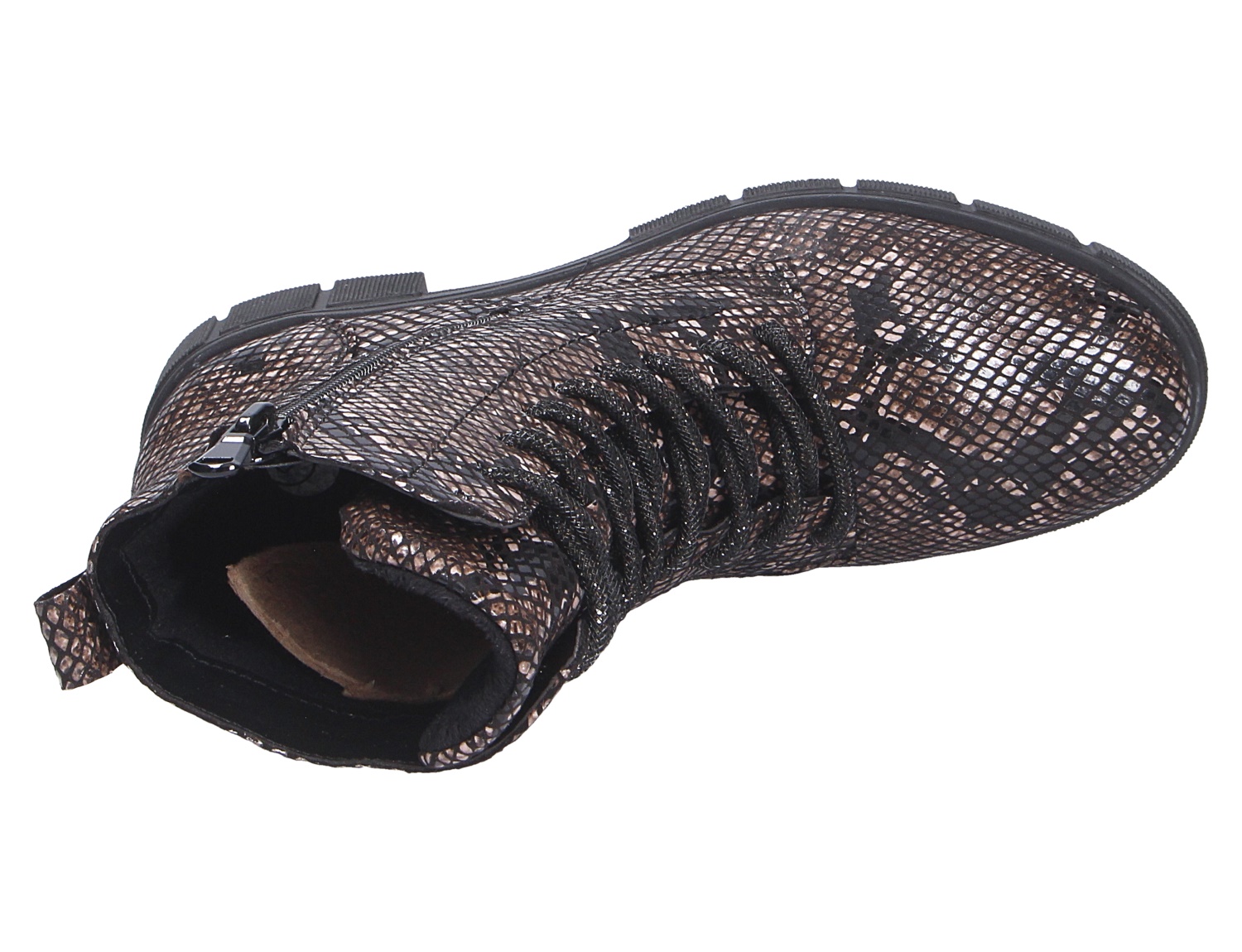 Remonte Damen Stiefel in braun-schwarzer Schlangenoptik mit Schnürung, seitlichem Reißverschluss und profilierter Sohle