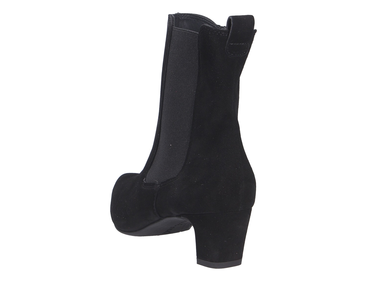 Paul Green Damen Stiefel in Schwarz aus Veloursleder, seitliche Ansicht mit Stretcheinsatz und Blockabsatz