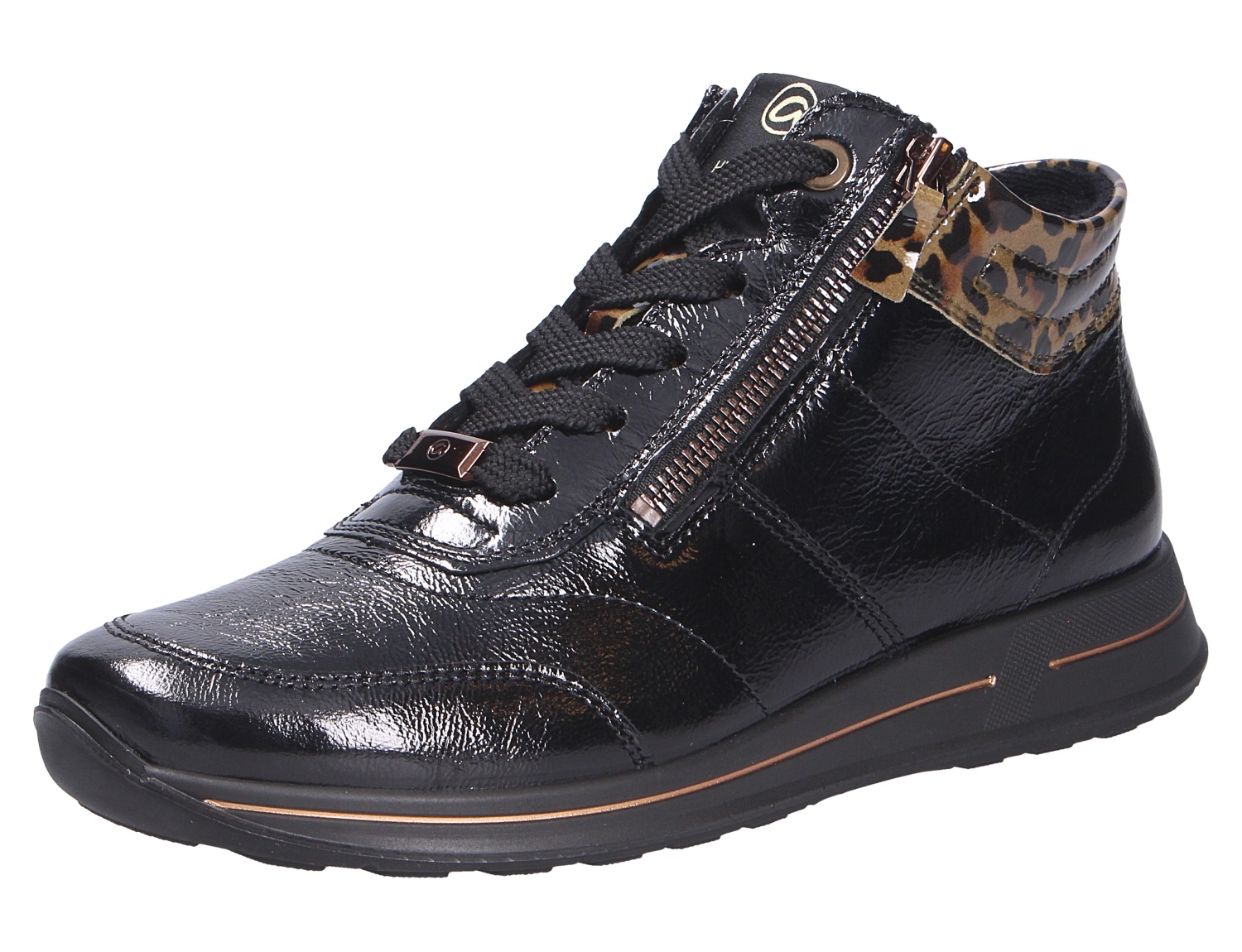 Ara OSAKA Damen-Sneaker in Schwarz aus glänzendem Lackleder mit Schnürung, seitlichem Reißverschluss und Leomuster am Schaft