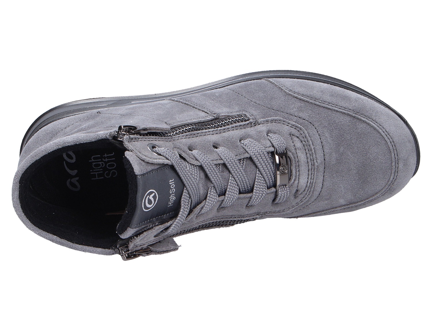 Ara OSAKA Damen-Sneaker in Grau aus Veloursleder, Draufsicht mit Schnürung und seitlichem Reißverschluss