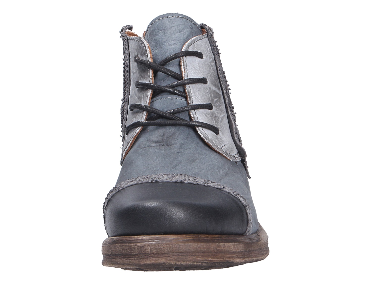 Frontansicht der Charme ETNIC Schnürstiefelette in Blau-Grau mit schwarzer Zehenkappe, schwarzen Schnürsenkeln und brauner Sohle