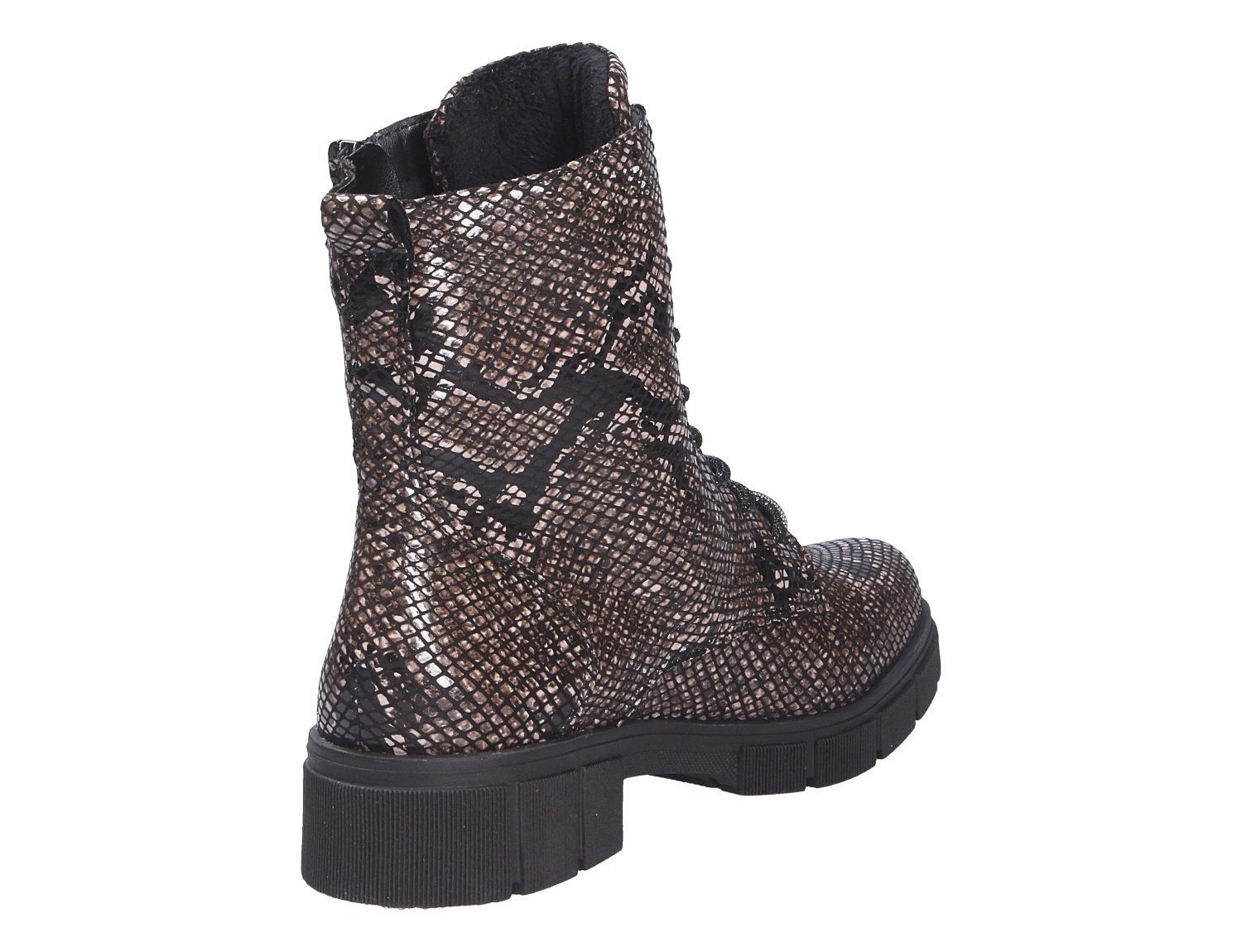 Remonte Damen Stiefel von Remonte in brauner Schlangenoptik, seitliche Rückansicht mit Schnürung und schwarzer Profilsohle