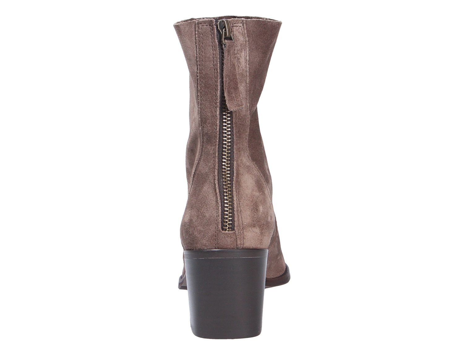 Rückansicht der Paul Green Damen Stiefel aus taupefarbenem Veloursleder mit mittigem Reißverschluss und hohem Blockabsatz