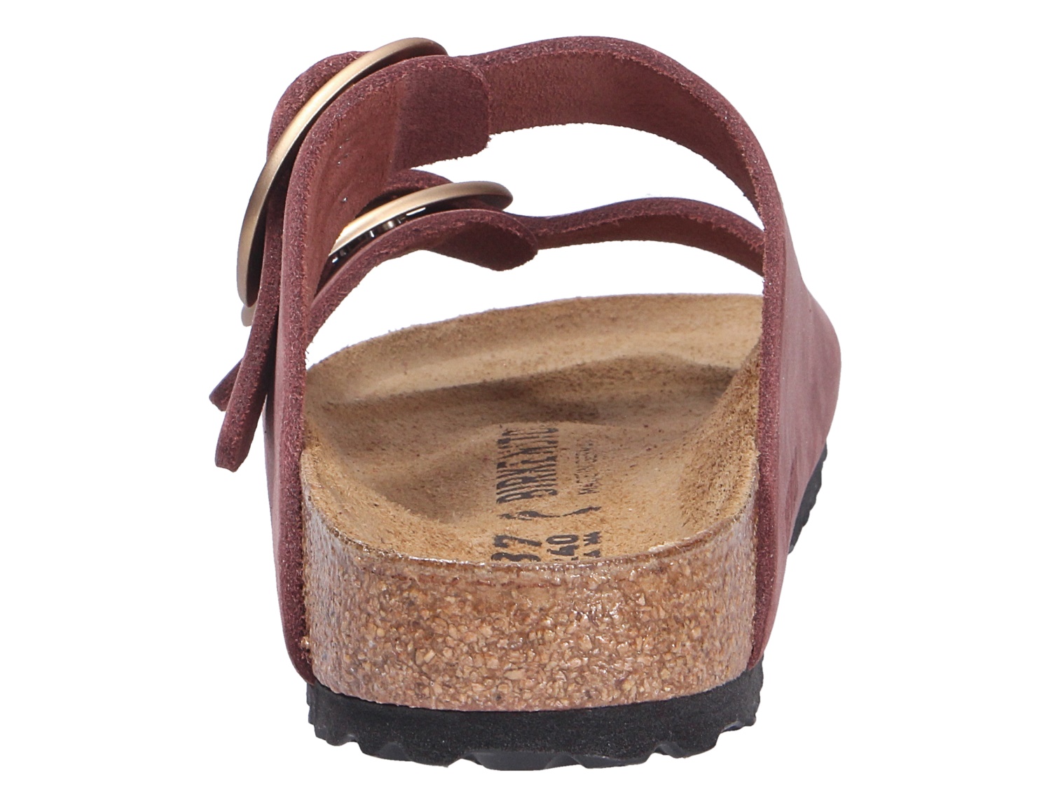Rückansicht der Birkenstock Arizona Big Buckle Sandale in Bordeaux mit zwei verstellbaren Riemen, großen Metallschnallen und Kork-Latex-Fußbett