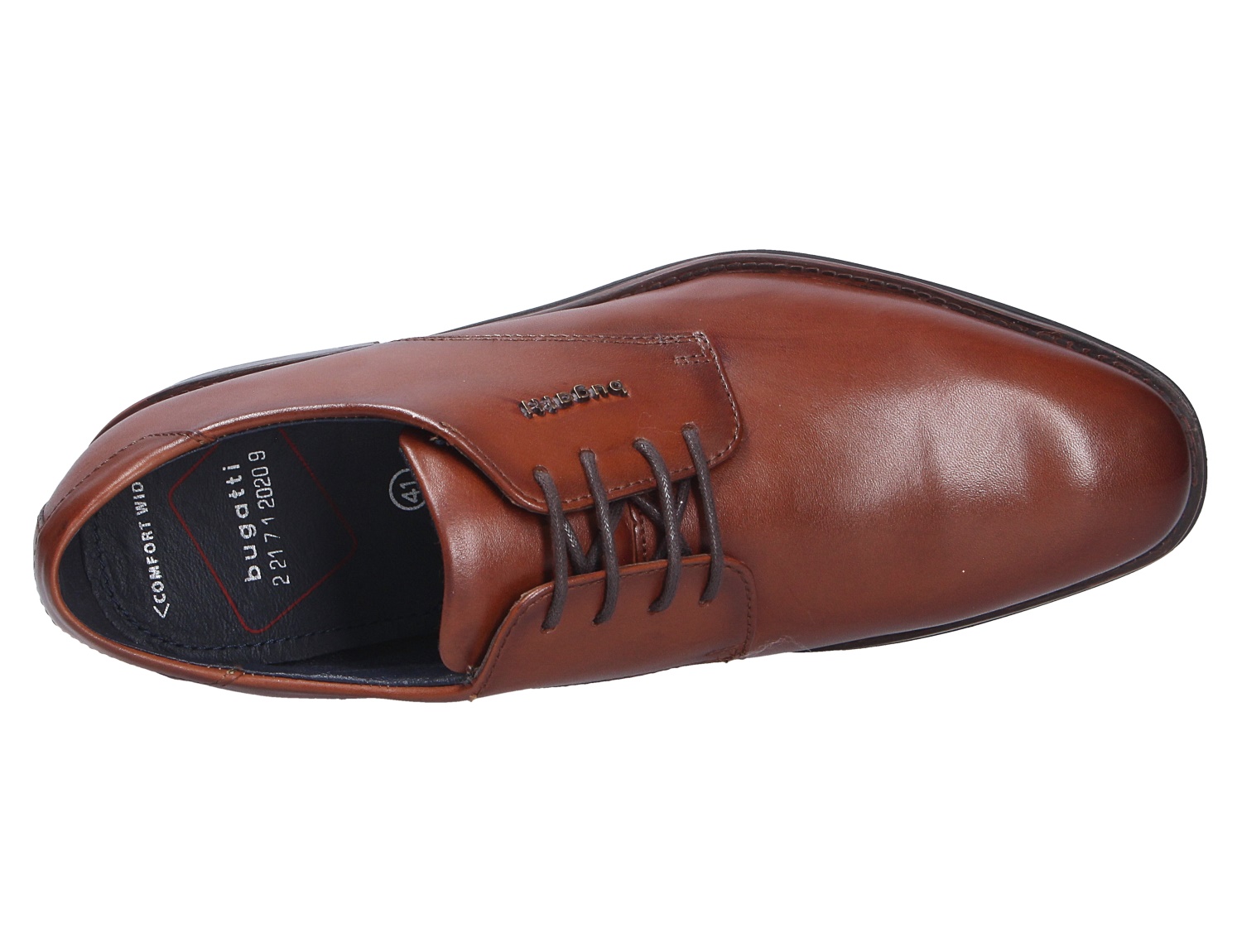 Draufsicht auf einen eleganten braunen bugatti Herren Schnürschuh aus Glattleder mit Schnürung und schlanker Form