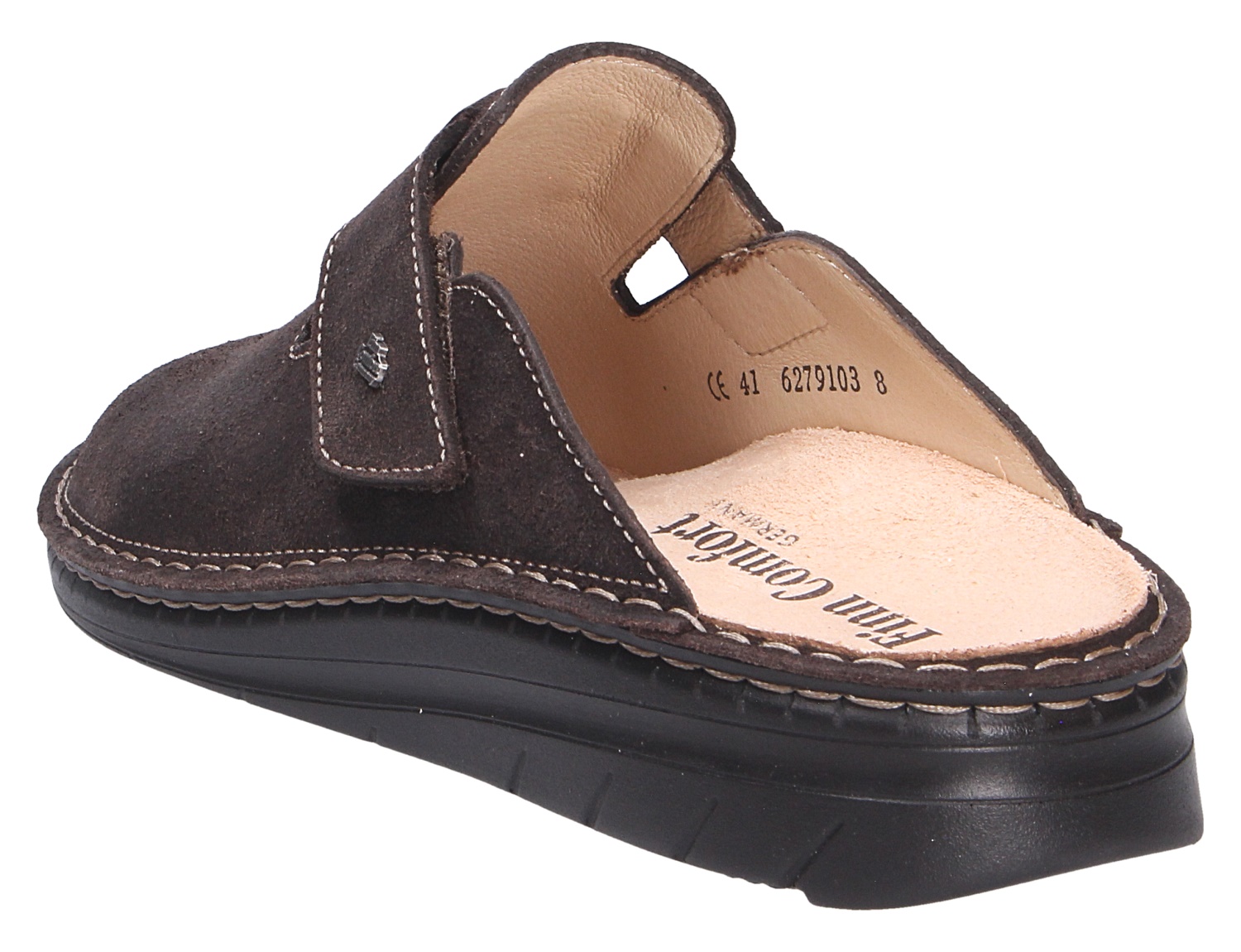 Finn Comfort PETARE Herren-Pantolette in Dunkelbraun aus Veloursleder mit Klettverschluss und Komfortfußbett