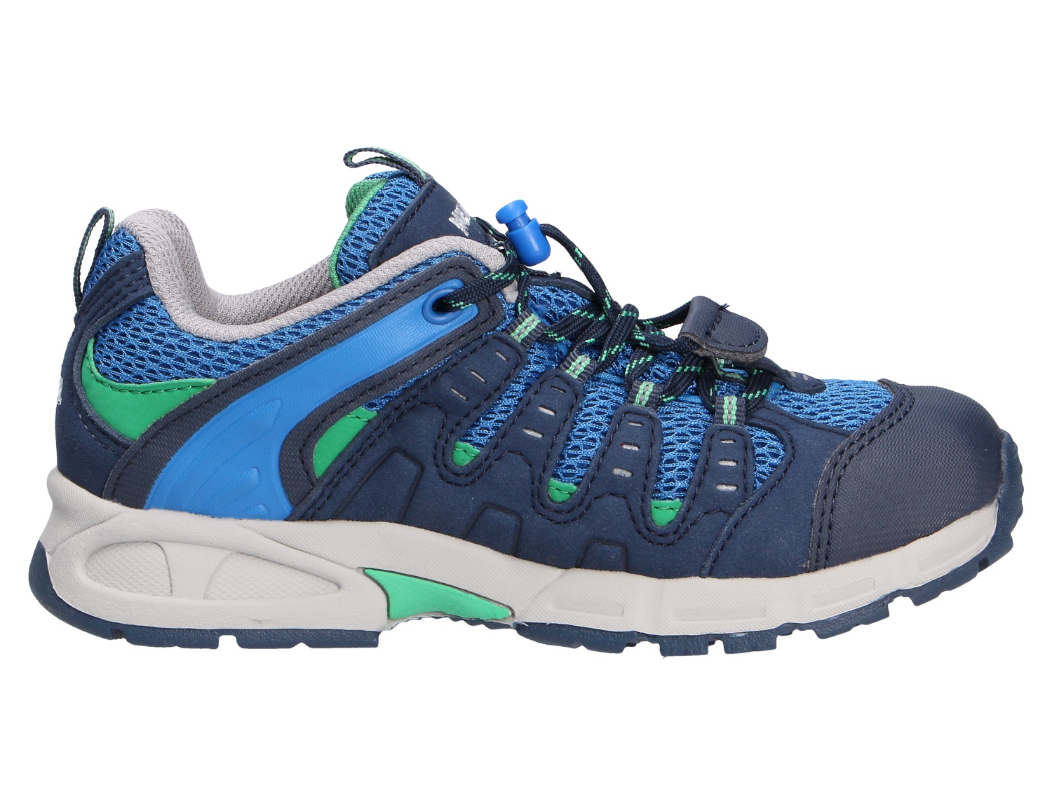 Meindl Respond Kinderhalbschuh für aktive Jungen in Blau und Grün, robuster sportiver Freizeitschuh mit Schnellschnürung in Seitenansicht
