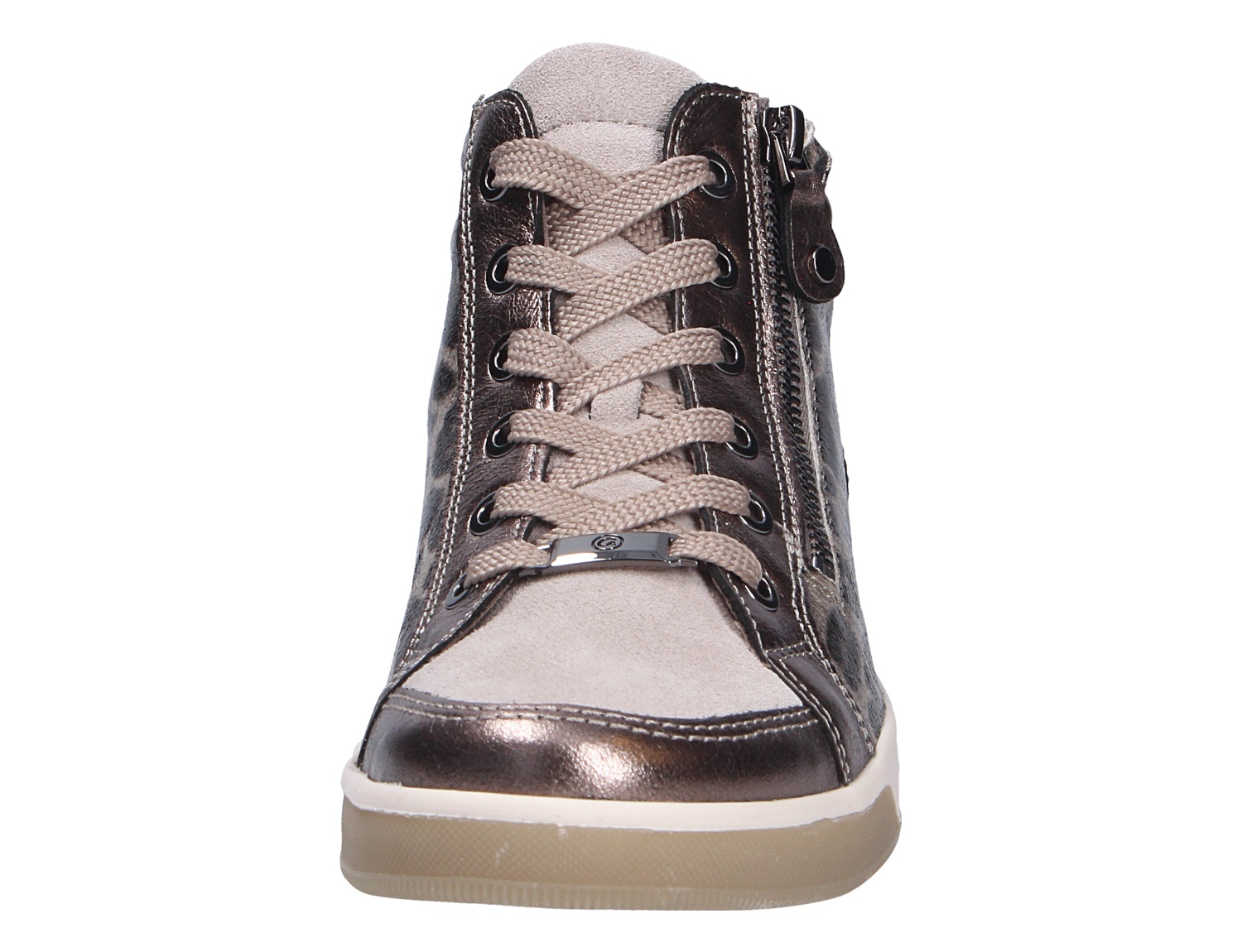 Frontansicht des Ara ROM Sneakers in Metallic-Optik mit heller Schnürung, Kontrastkappe und seitlichem Reißverschluss