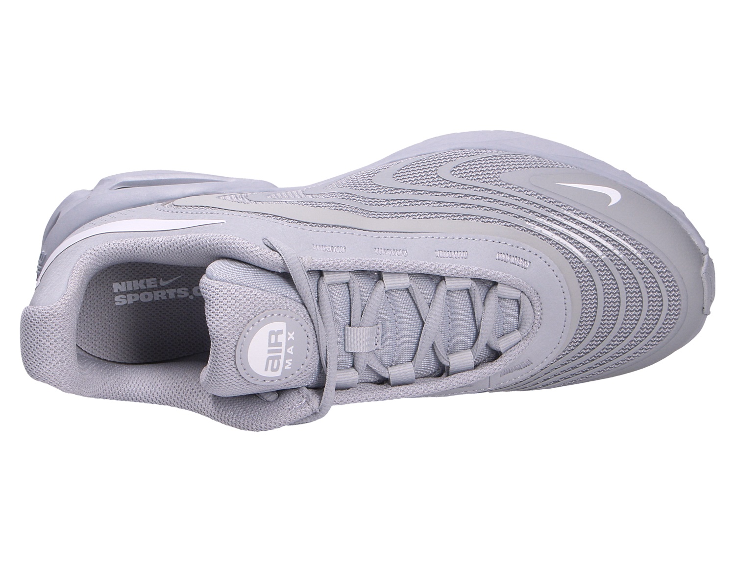 Draufsicht auf den grauen Nike AIR Max Fire Sneaker mit textilem Obermaterial, sportlicher Silhouette und modernem Komfort für Alltag und Freizeit
