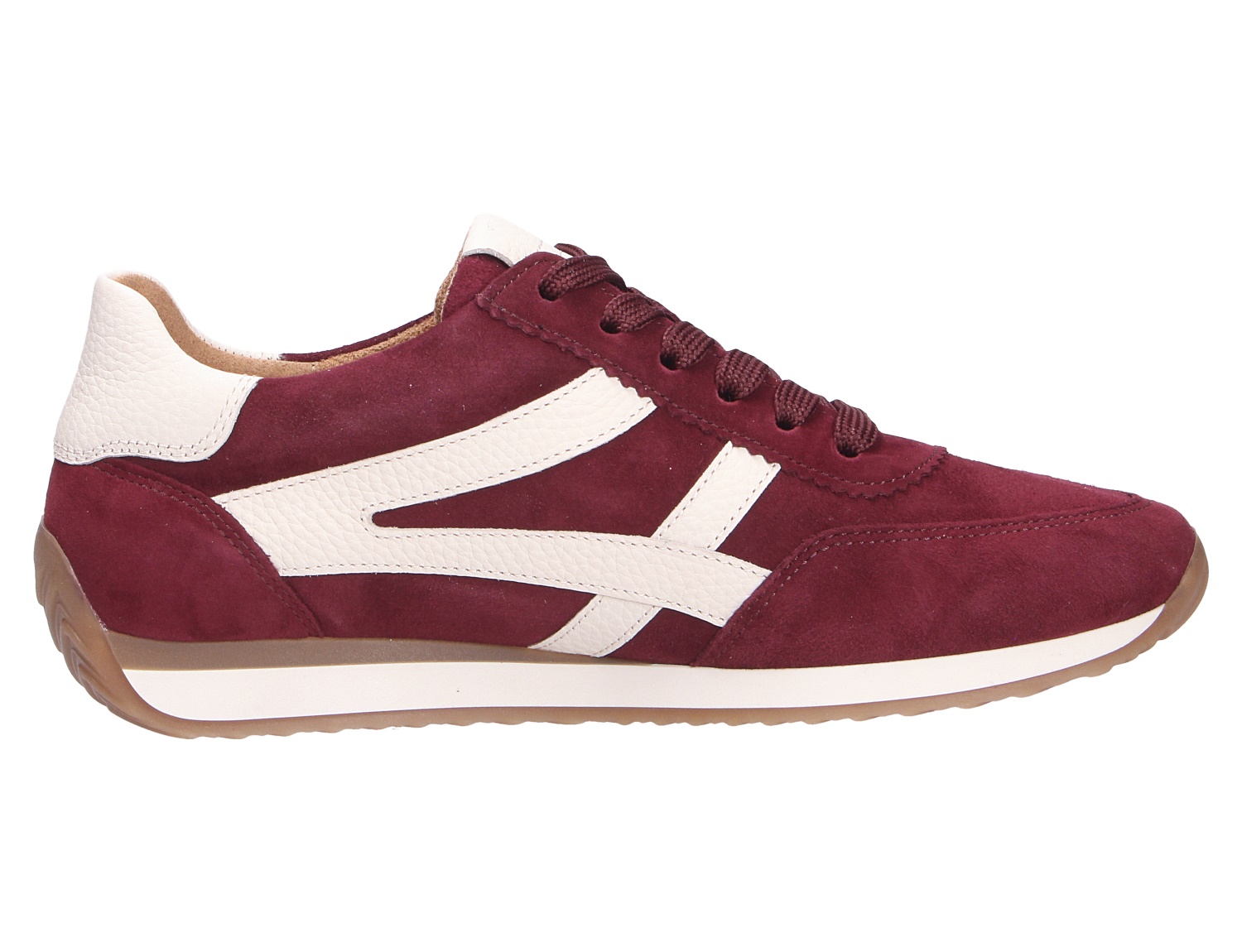 Gabor Damen Sneaker in Bordeaux aus Veloursleder mit weißen Leder-Akzenten, Schnürung und heller Sohle in Seitenansicht