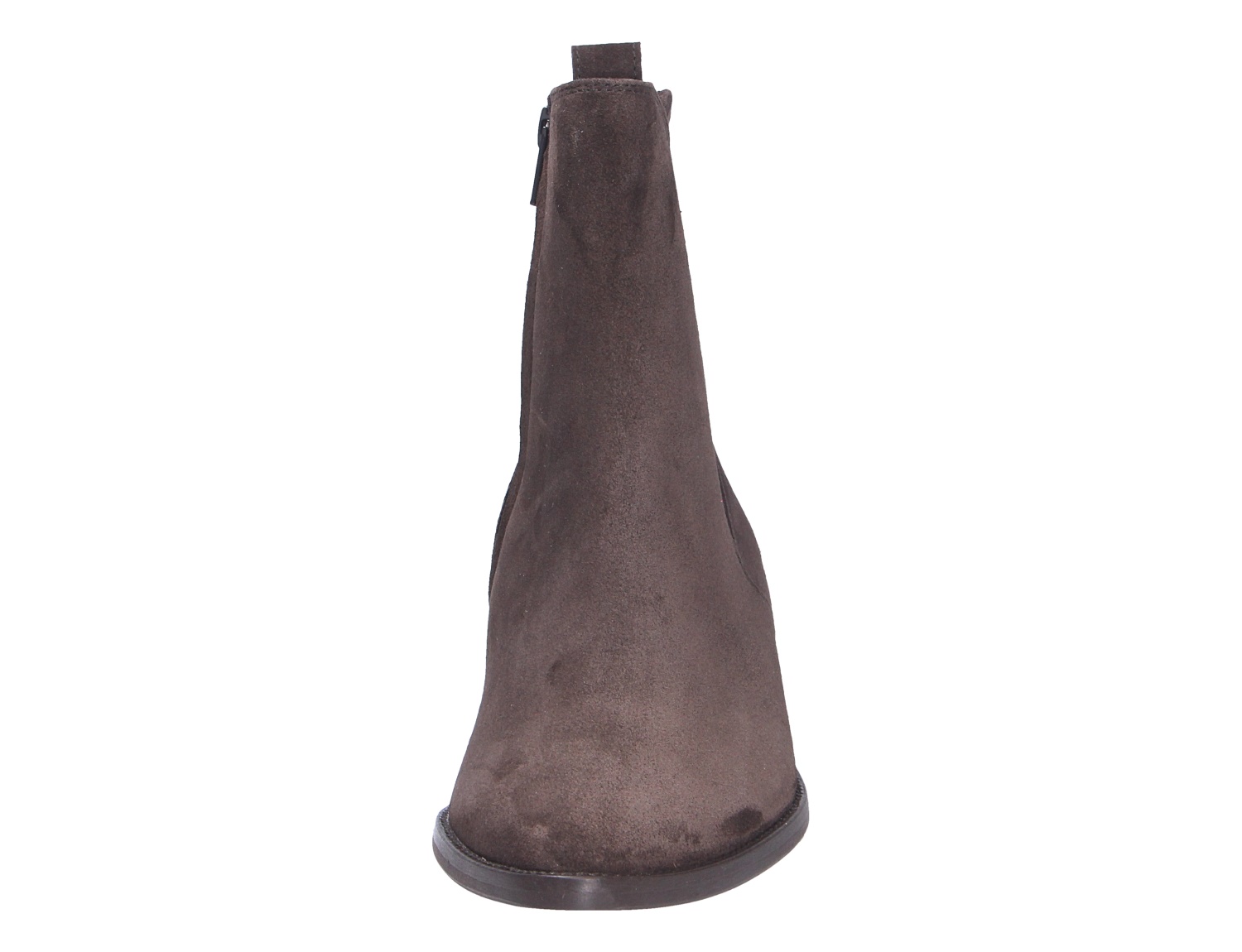 Frontansicht der Paul Green Damen Stiefel aus dunkelbraunem Veloursleder mit schmaler Silhouette und seitlichem Reißverschluss