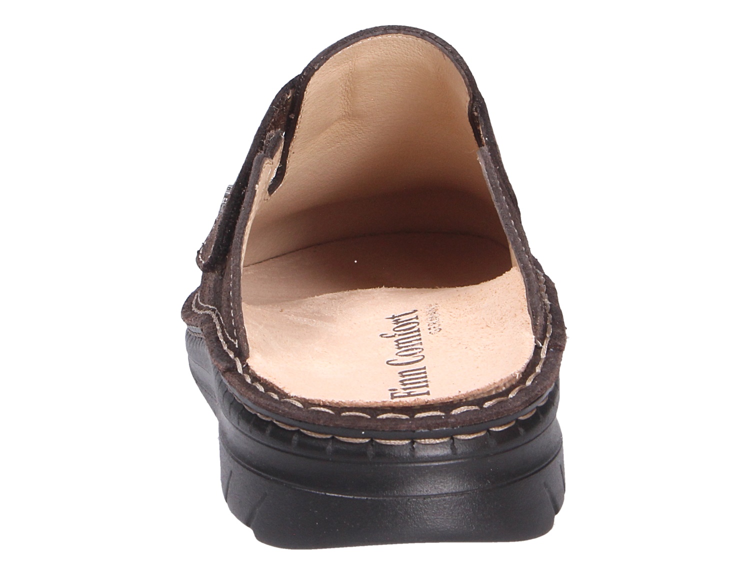Rückansicht des Finn Comfort PETARE Pantoffels mit schwarzer Laufsohle, offenem Einstieg und anatomischem Fußbett