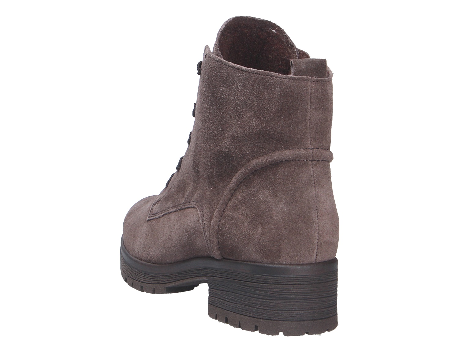 Gabor Damen Stiefel aus braunem Veloursleder, Rückansicht mit Schnürung, Blockabsatz und profilierter Sohle