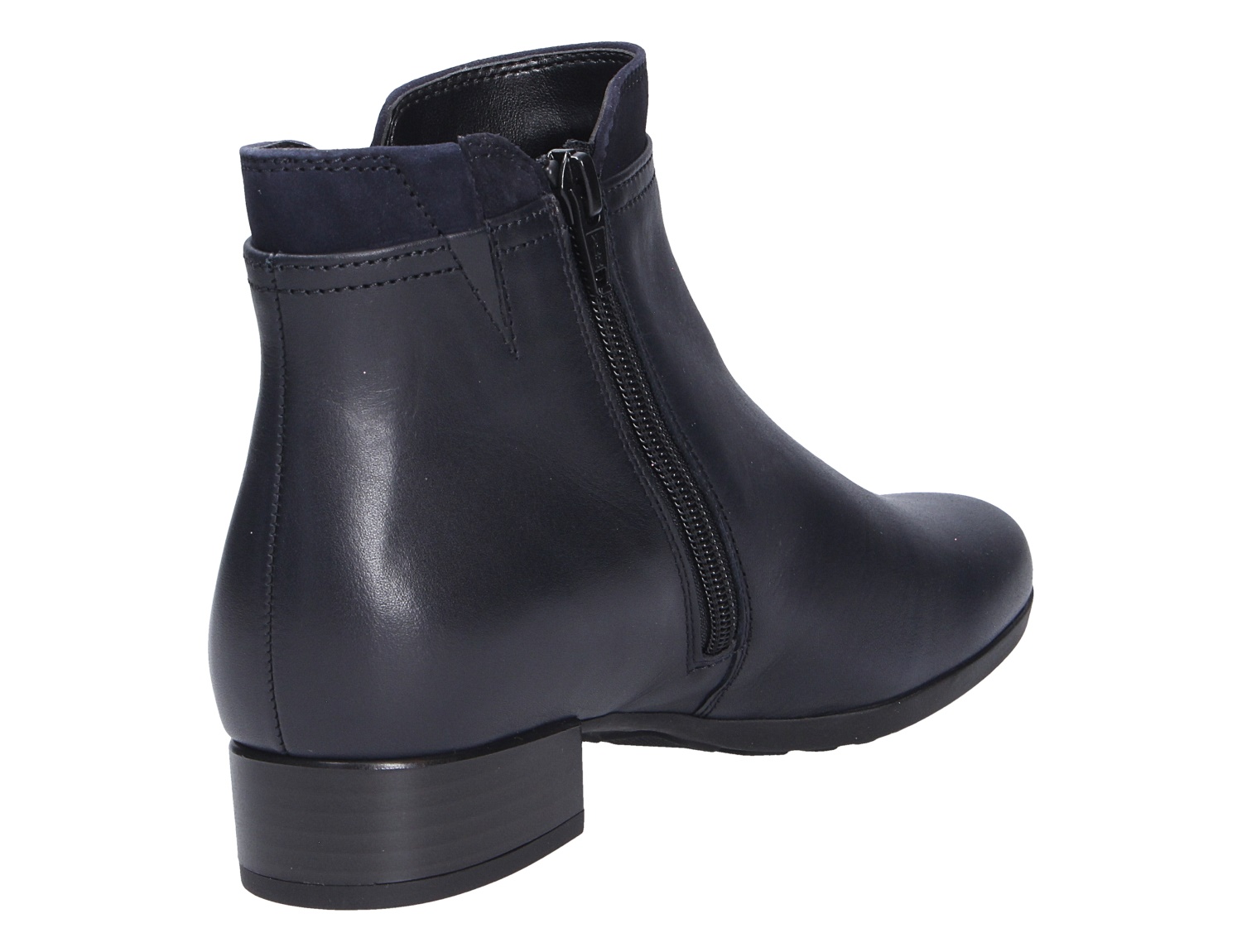 Gabor Damen Stiefel in Dunkelblau, seitliche Ansicht einer eleganten Stiefelette mit Reißverschluss und niedrigem Blockabsatz