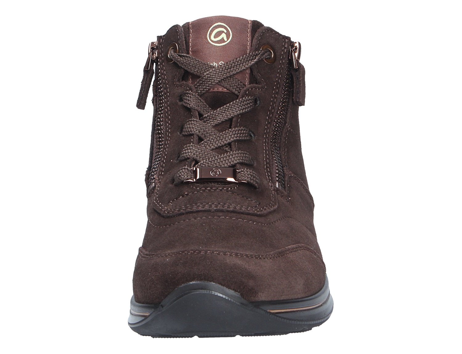Ara OSAKA brauner Damen-Sneaker aus Veloursleder in Frontalansicht mit Schnürung, seitlichen Reißverschlüssen und profilierter Sohle