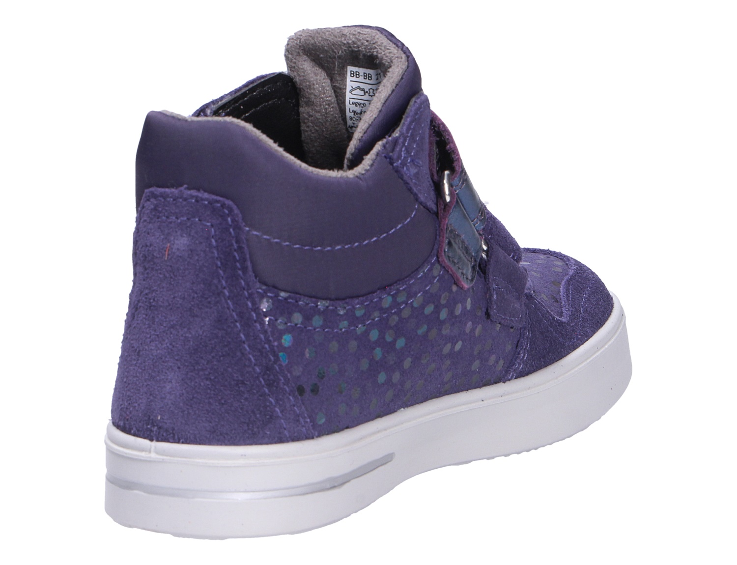 Superfit Stella Kinder-Sneaker in Lila aus Veloursleder, hoher Halbschuh mit Klettverschluss und weißer Sohle, Rück- und Seitenansicht