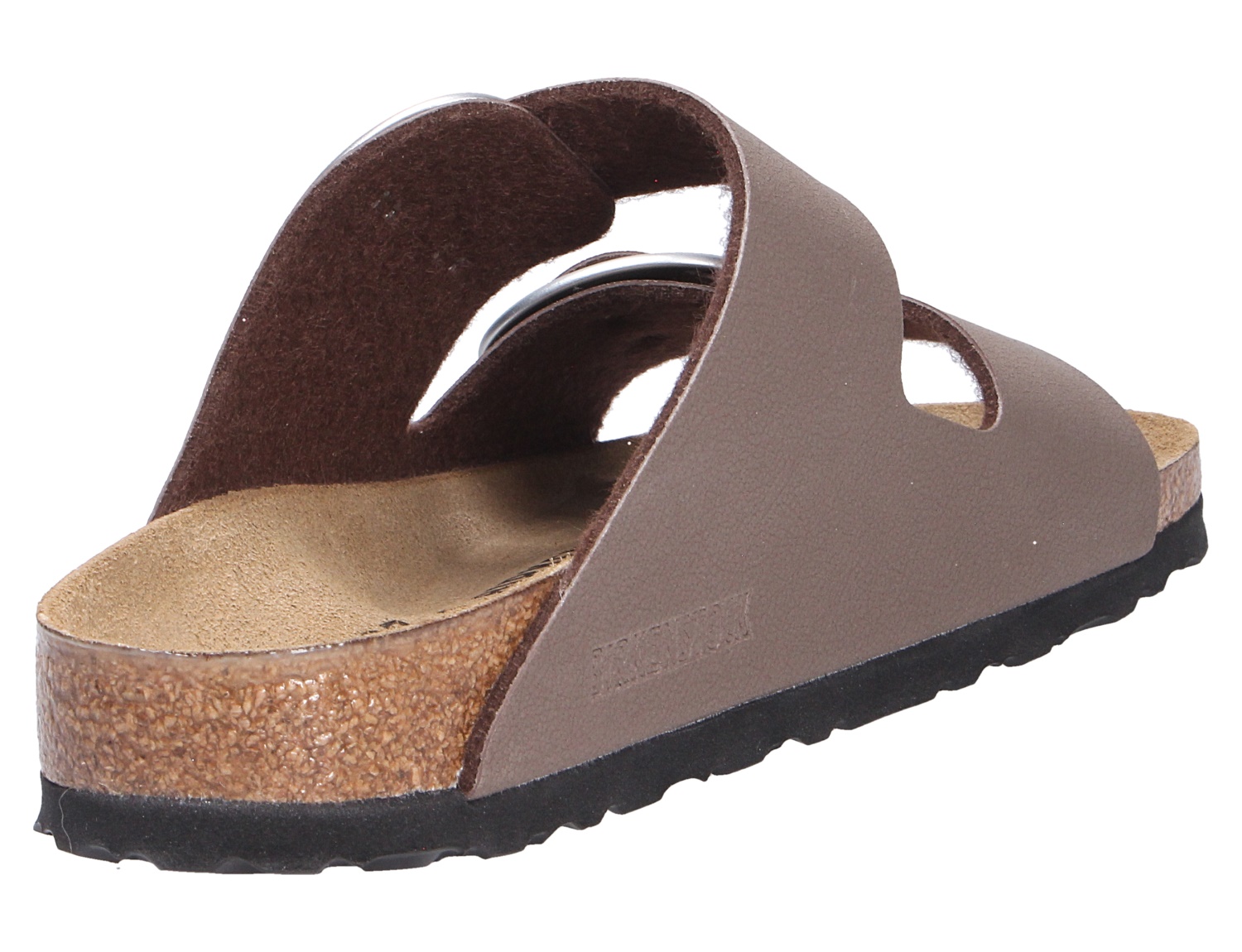 Birkenstock Arizona Big Buckle Sandale in Taupe, seitliche Rückansicht mit zwei breiten Riemen, Kork-Latex-Fußbett und schwarzer Laufsohle