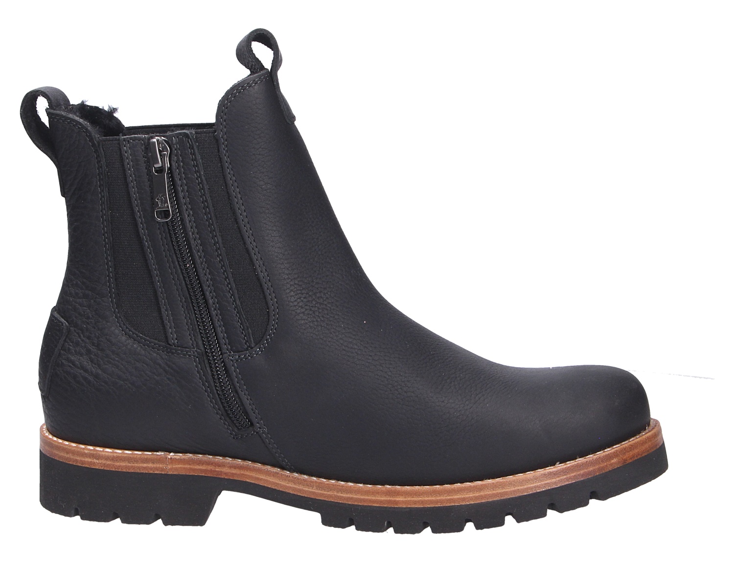 Panama Jack Beny Chelsea-Boot aus schwarzem Leder, seitliche Ansicht mit Reißverschluss, Elastikeinsatz und robuster Profilsohle