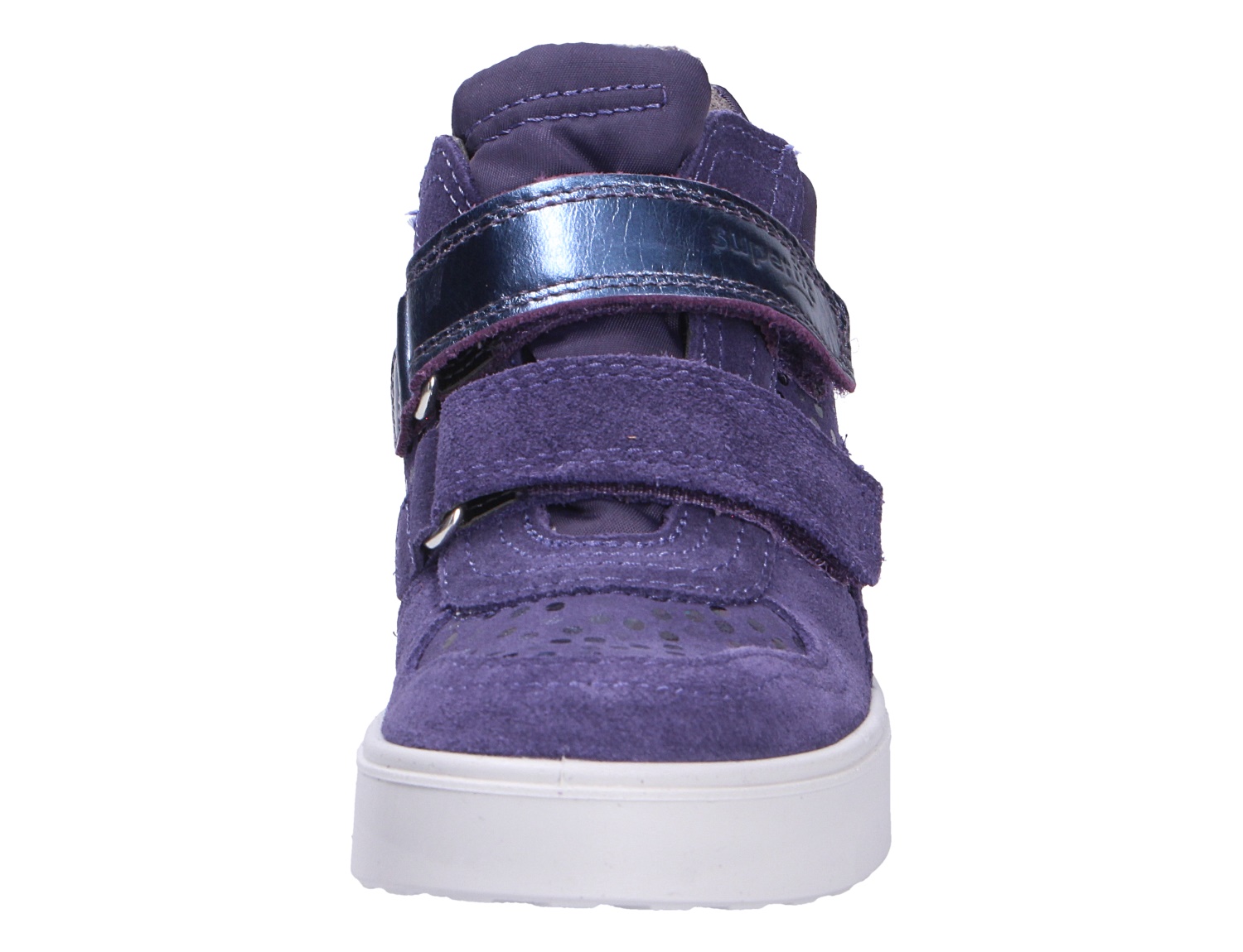 Vorderansicht des Superfit Stella Sneakers in Dunkellila mit zwei Klettverschlüssen, Veloursleder und heller Sohle