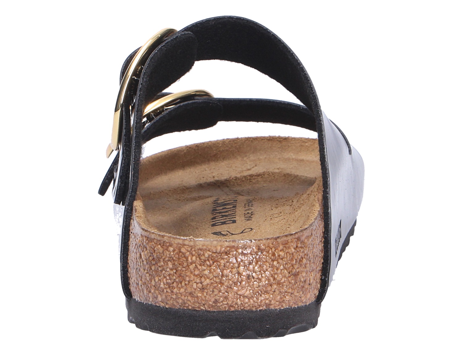Rückansicht der Birkenstock Arizona Big Buckle Sandale in Schwarz mit zwei breiten Riemen, goldfarbenen Schnallen und anatomischem Kork-Latex-Fußbett