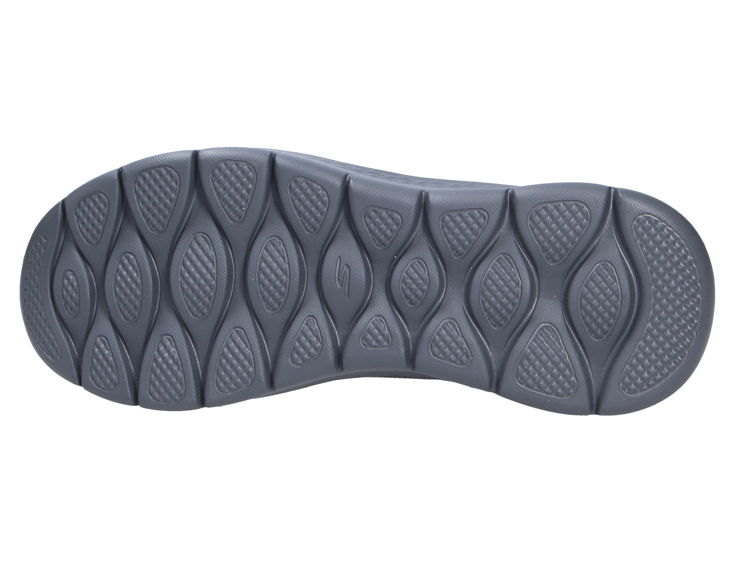 Unteransicht der dunkelblauen Laufsohle des Skechers Go Walk mit flexiblem, griffigem Profil