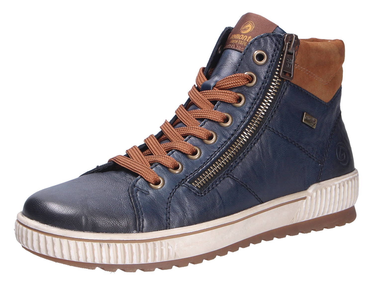 Remonte Damen Stiefel aus dunkelblauem Leder mit braunen Details, Schnürung, seitlichem Reißverschluss und heller Profilsohle