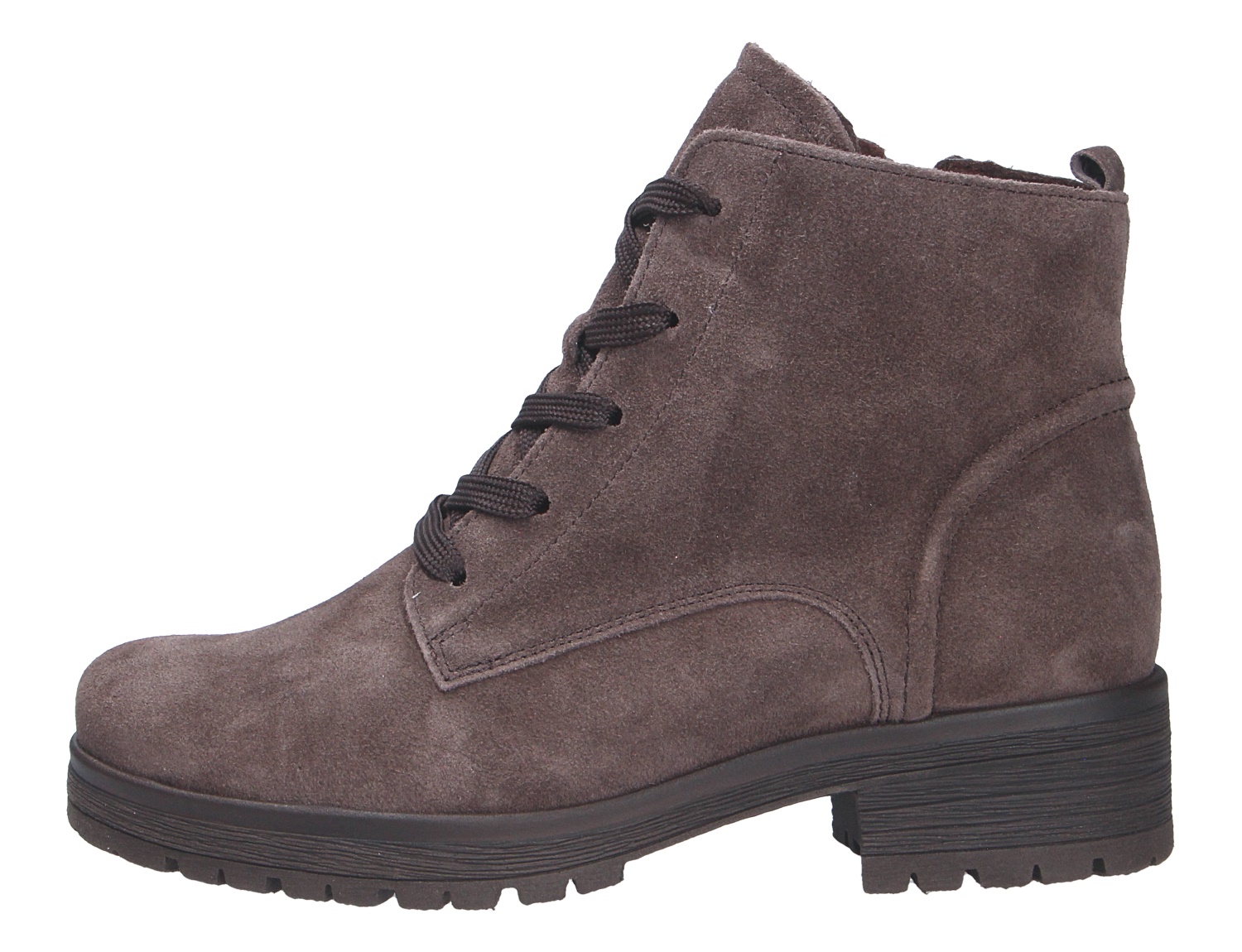 Seitliche Ansicht der Gabor Damen Stiefel in Taupe aus Veloursleder mit Schnürung, Blockabsatz und rutschfester Profilsohle