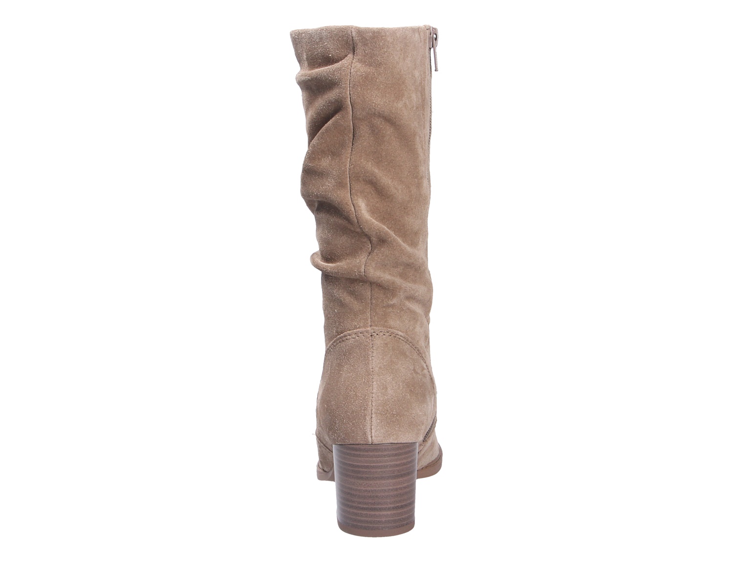 Rückansicht des Gabor Damen Stiefels in Taupe aus Veloursleder mit seitlichem Reißverschluss, gerafftem Schaft und Blockabsatz