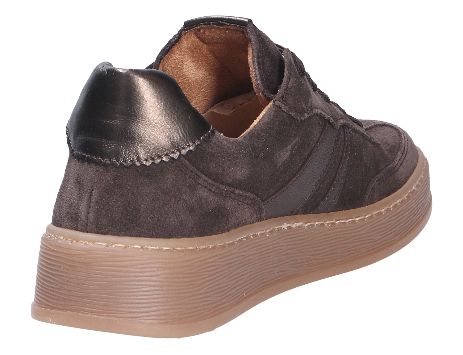 Gabor Damen Schnürschuhe aus dunkelbraunem Veloursleder mit heller Plateausohle und schwarzen Details, Rückansicht