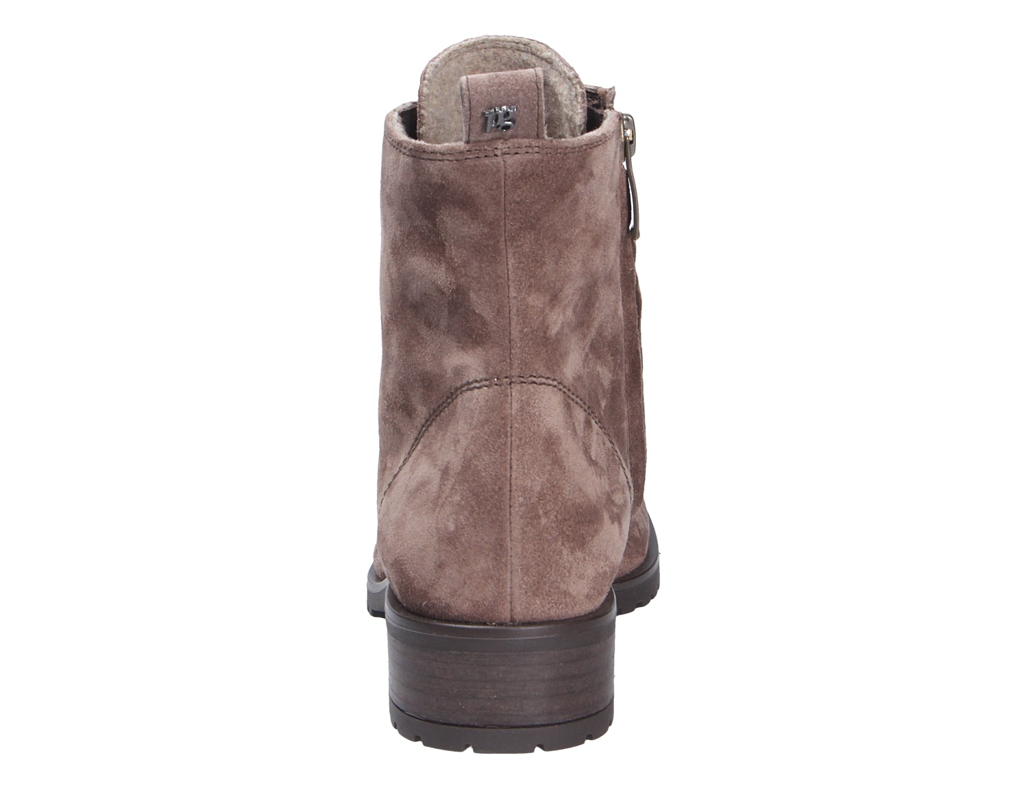 Rückansicht der Paul Green Damen Stiefel aus taupefarbenem Veloursleder mit seitlichem Reißverschluss, warmem Innenfutter und robustem Blockabsatz