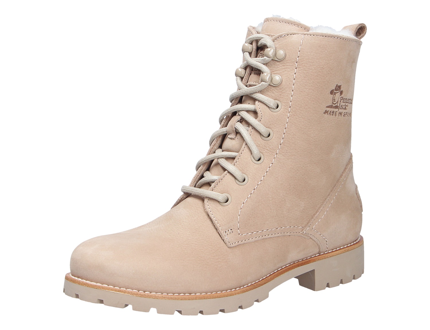 Panama Jack Fara beiger Damen-Schnürboot aus Leder mit Warmfutter, seitlichem Logo und rutschfester Profilsohle