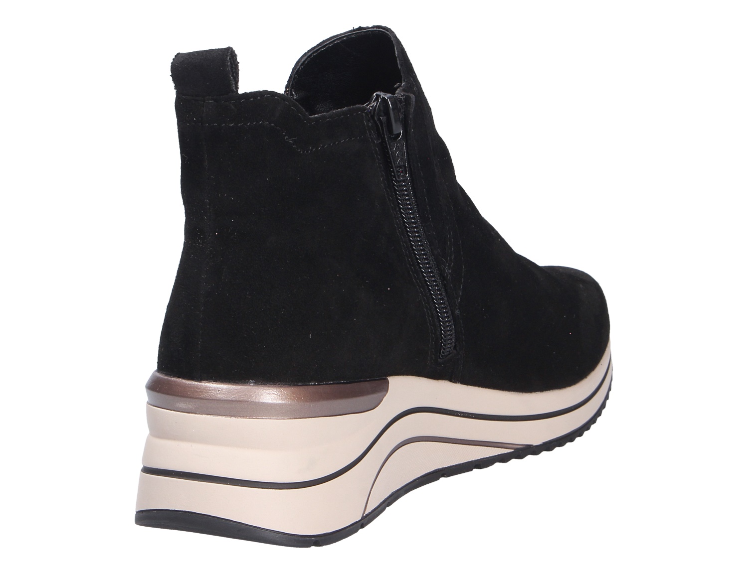 Remonte Damen Stiefel in Schwarz aus Veloursleder, hinten seitlich gezeigt, mit Reißverschluss und heller Keilsohle