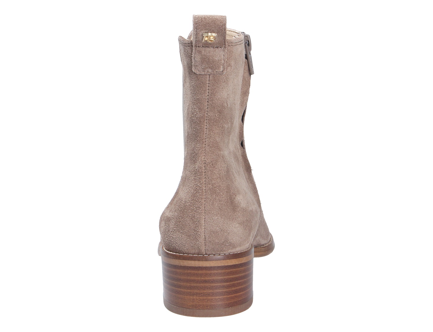 Paul Green Damen Stiefel aus taupefarbenem Veloursleder, Rückansicht mit mittelhohem Schaft, Blockabsatz und seitlichem Reißverschluss