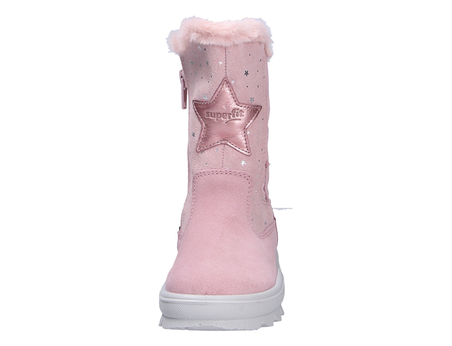Frontansicht des rosa Superfit Winterstiefels FLAVIA mit Stern-Applikation, Glitzerdetails und weichem Fellrand