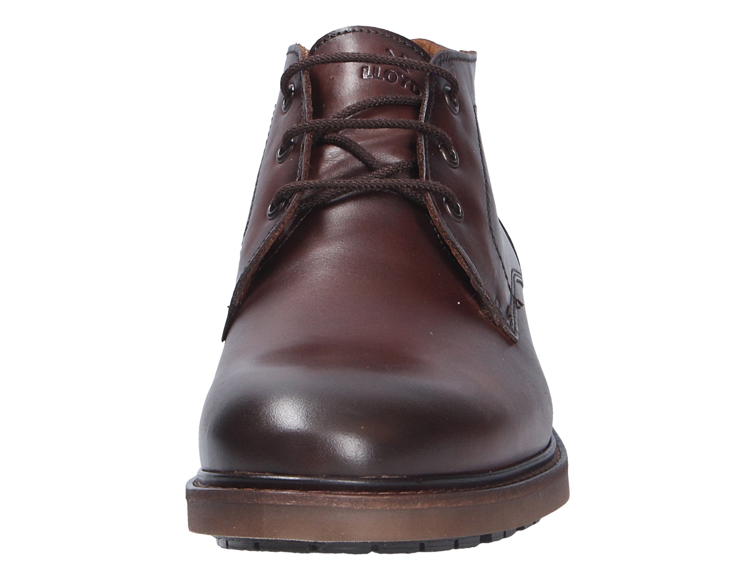 Frontansicht der braunen Herren-Stiefelette Lloyd VIBE 327GL aus Glattleder mit Schnürung und robuster Sohle