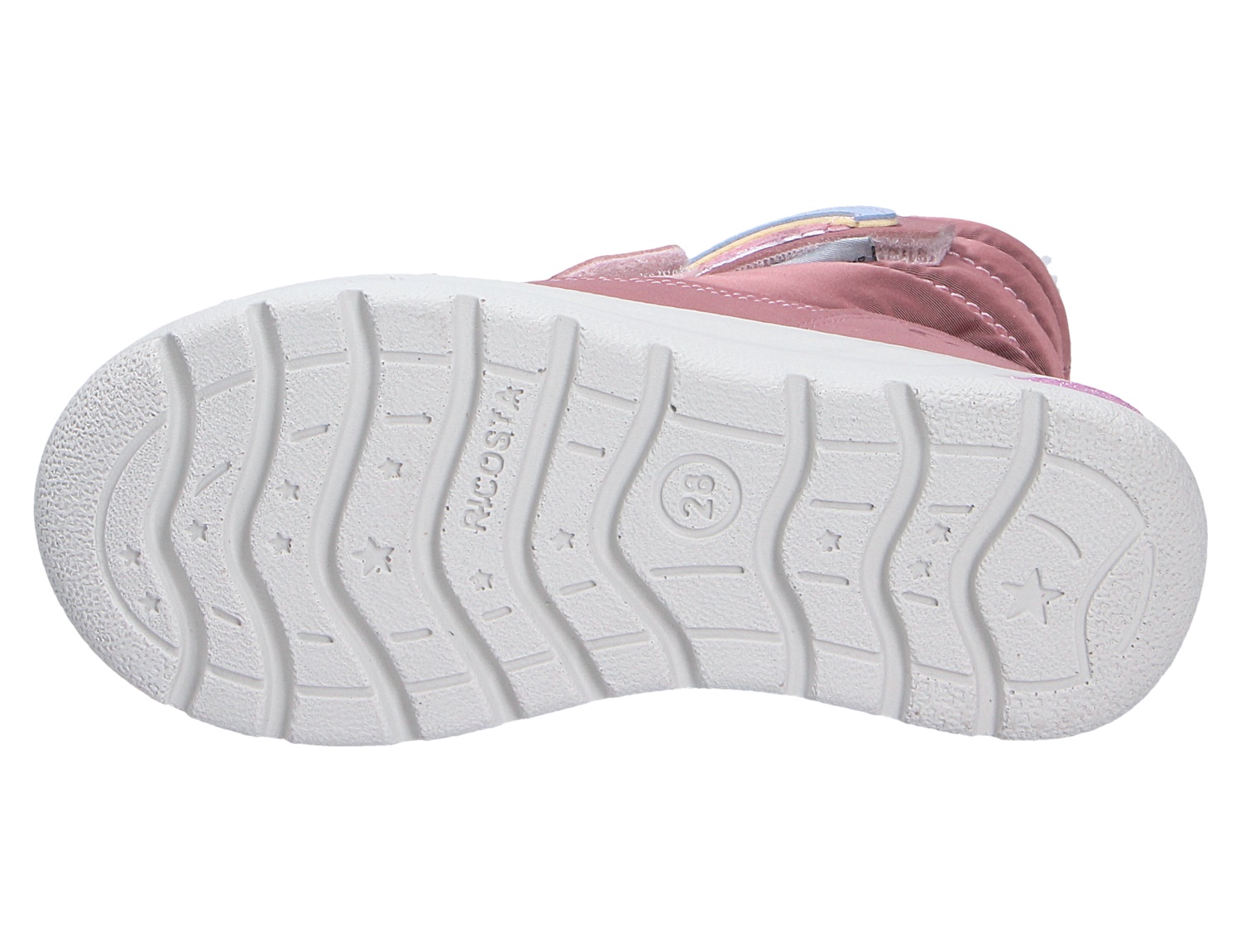 Unteransicht der weißen Profilsohle eines rosa Ricosta Mädchen Stiefels mit flexiblem Laufsohlenprofil