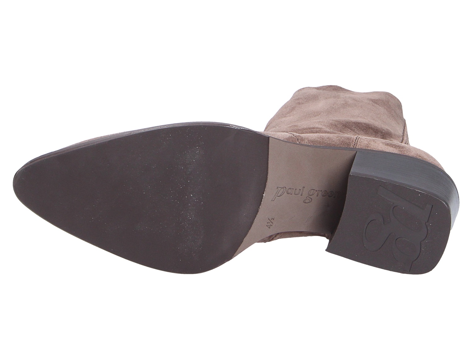 Unterseite eines Paul Green Damen Stiefels in Taupe mit glatter Laufsohle und Blockabsatz in Detailansicht