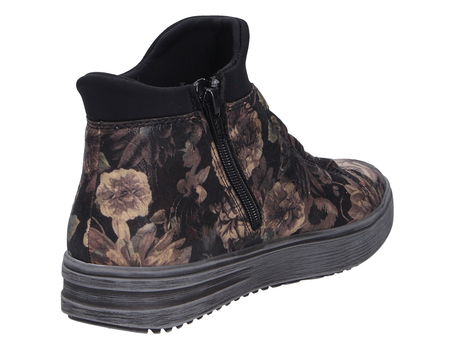 Rieker Damen Stiefel in Schwarz mit floralem Print, Keilsohle und seitlichem Reißverschluss, Rückansicht